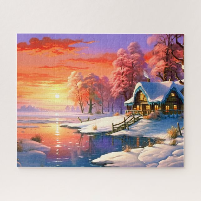 Sonnenuntergang Winterschnee Natur farbenfrohe Pri Puzzle (Horizontal)