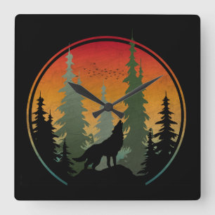Sonnenuntergang Wolf Natur Landschaft Quadratische Wanduhr
