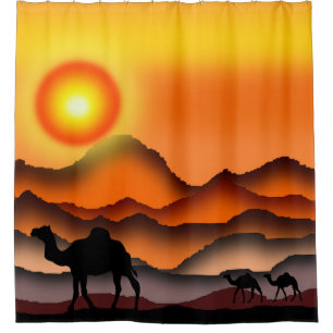 Sonnenuntergang Wüste Kamel Duschvorhang