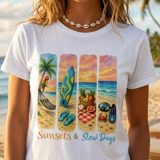Sonnenuntergänge & Langsame Tage Tropisches Strand T-Shirt