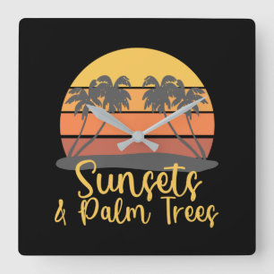 Sonnenuntergänge und Palmenbäume Vintage Retro Son Quadratische Wanduhr