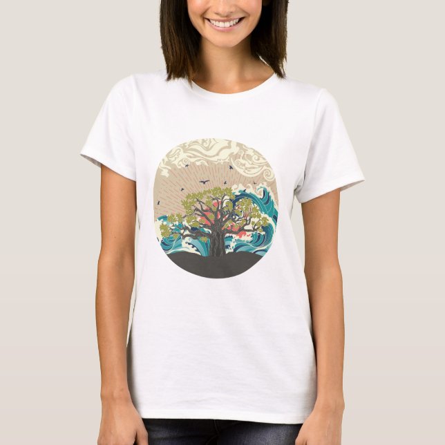 Sonnenuntergangmeer und Baobabbaum T-Shirt (Vorderseite)