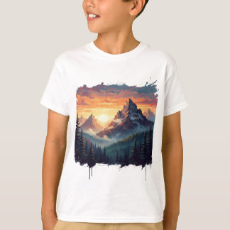 Sonnenuntergangs-Bergwald-Kunst-T-Shirt T-Shirt