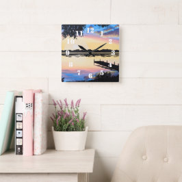 Sonnenuntergangs-Dock Quadratische Wanduhr