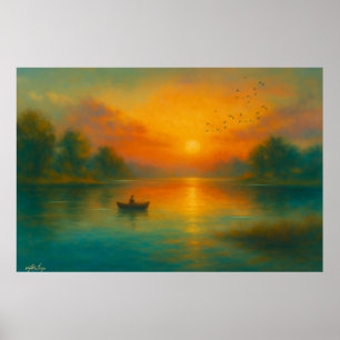 Sonnenuntergangs-Einsamkeit - Fischer in goldener Poster