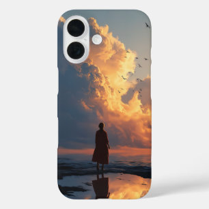 Sonnenuntergangs-Einsamkeit: Frau im roten Kleid iPhone 16 Hülle
