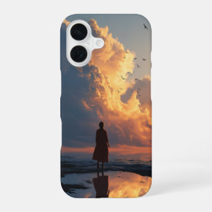 Sonnenuntergangs-Einsamkeit: Frau im roten Kleid iPhone 16 Hülle