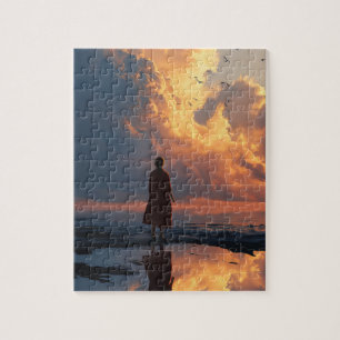 Sonnenuntergangs-Einsamkeit: Frau im roten Kleid Puzzle