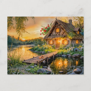 Sonnenuntergangs-Flusscottage mit Hund auf der Brü Postkarte