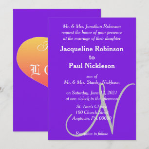Sonnenuntergangs-Herzen Violett Silber Monogramm H Einladung