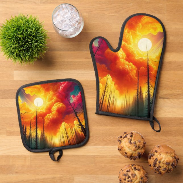 Sonnenuntergangs-Kunst Ofenhandschuh & Topflappen-Set (Oben Unten)