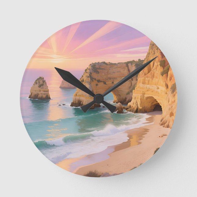 Sonnenuntergangs-Meereshöhlen-Paradies Runde Wanduhr (Vorderseite)