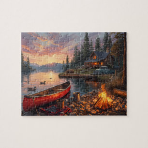 Sonnenuntergangs-See-Hütte-Kanu-Lagerfeuer-Szene Puzzle