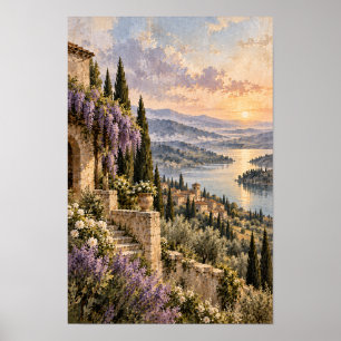 Sonnenuntergangs-Seelandschafts-Dorf mit Wisteria Poster
