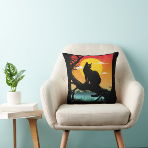 Sonnenuntergangs-Silhouette Katze und Baum Kissen