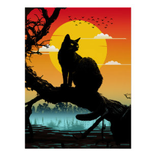 Sonnenuntergangs-Silhouette Katze und Baum Poster
