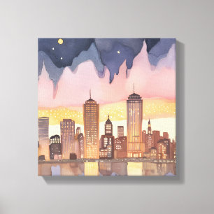 Sonnenuntergangs-Stadtansicht Aquarellmalerei Leinwanddruck