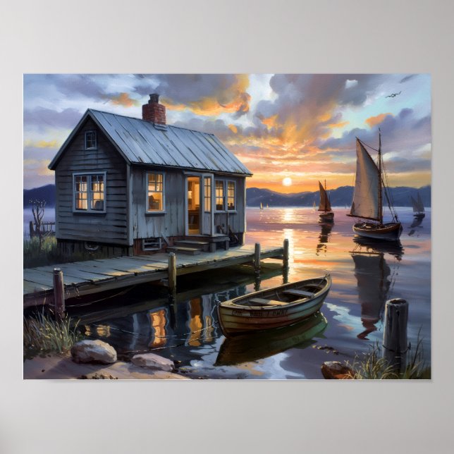 Sonnenuntergangs-Trost: Hütte am See Poster (Vorne)
