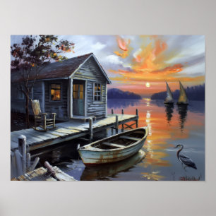 Sonnenuntergangs-Trost: Hütte am See Poster