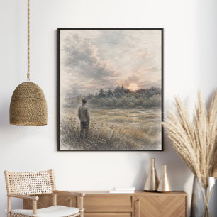 Sonnenuntergangs-Wiese Träumende Grafit-Waldnatu Poster