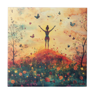 Sonnenuntergangs-Wiesen-Meditation mit Schmetterli Fliese