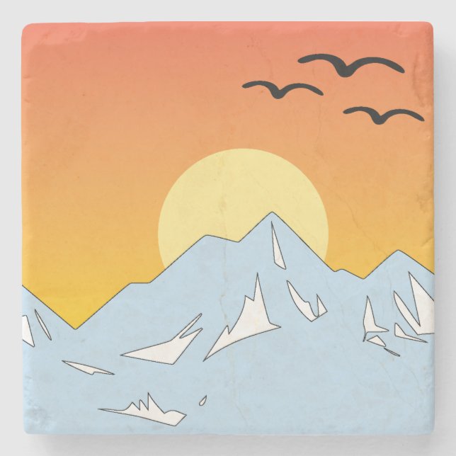 Sonnenuntergangsberge mit Vögeln Steinuntersetzer (Vorderseite)