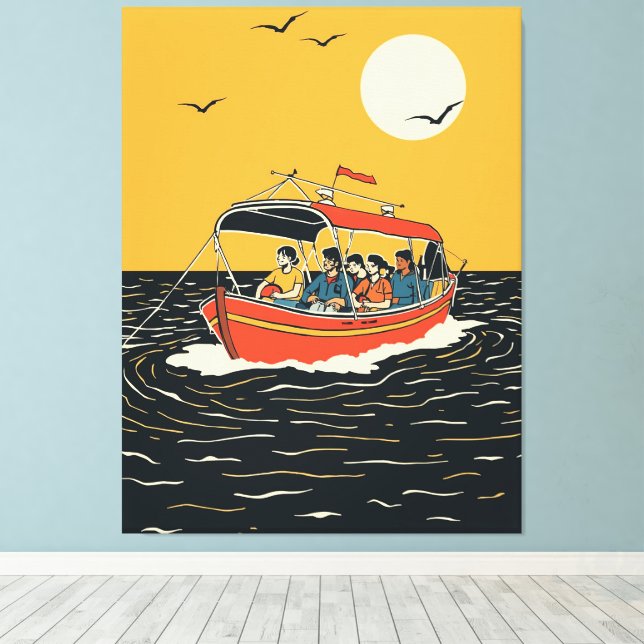 Sonnenuntergangsbootfahrt – Retro-Minimalismus Leinwanddruck (Insitu (Holzboden))