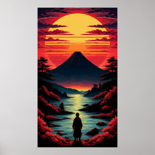 Sonnenuntergangsfluss mit Vulkan Poster