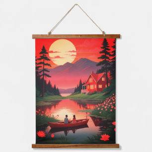 Sonnenuntergangsgemälde mit Cottage-66635 Wandteppich Mit Holzrahmen