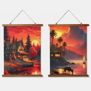 Sonnenuntergangslandschaft mit Cottage-66633-66634 Wandteppich Mit Holzrahmen