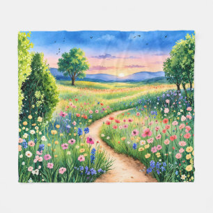 Sonnenuntergangspfad durch eine Wildblumenwiese Fleecedecke