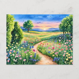 Sonnenuntergangspfad durch eine Wildblumenwiese Postkarte