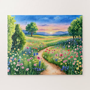 Sonnenuntergangspfad durch eine Wildblumenwiese Puzzle