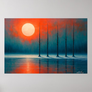 Sonnenuntergangsreflexionen mit kahlen Bäumen Poster