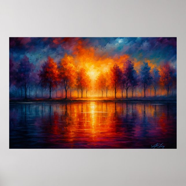 Sonnenuntergangsreflexionen über dem Herbstsee Poster (Vorne)
