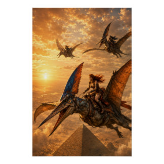 Sonnenuntergangsreiter über den Pyramiden Poster