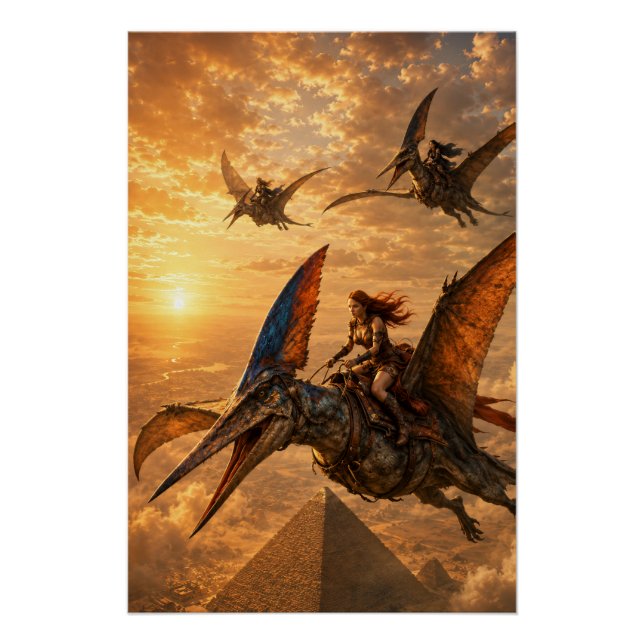 Sonnenuntergangsreiter über den Pyramiden Poster (Vorderseite)