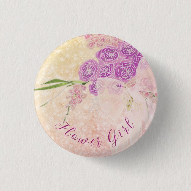 Sonnenuntergangsrose Blumenmädchen Bouquet und ros Button (Vorderseite)