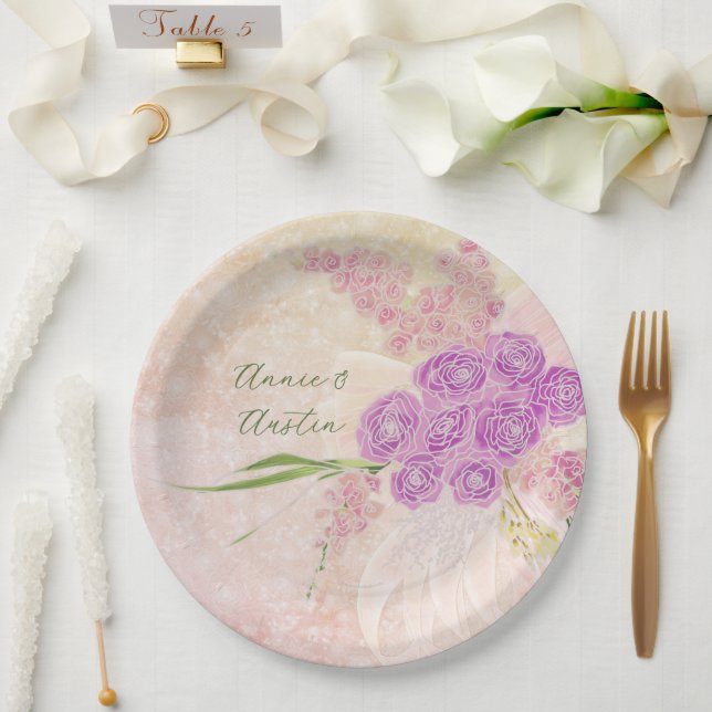 Sonnenuntergangsrose handgemalt  Blush-Bouquet  Pappteller (Hochzeit)
