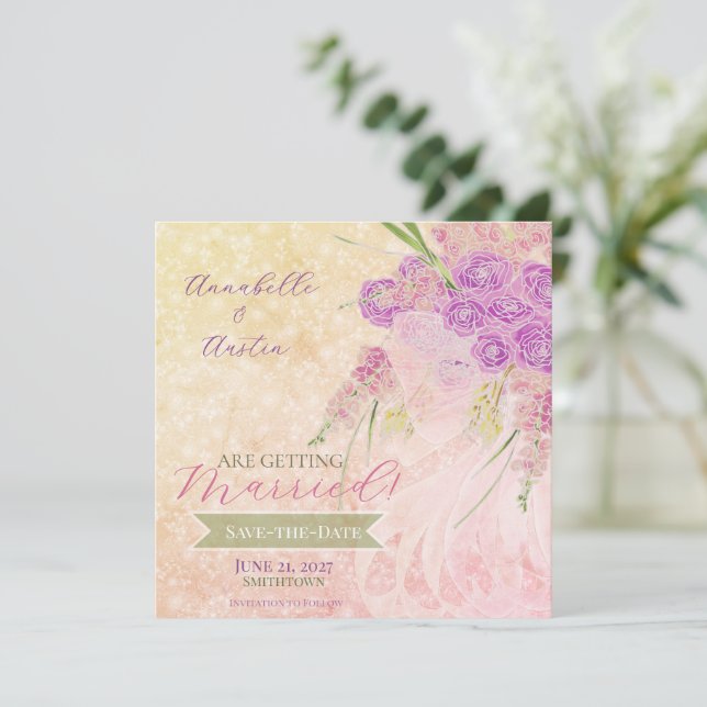 Sonnenuntergangsrose - zarter rosa Bogen Blumenstr Save The Date (Stehend Vorderseite)