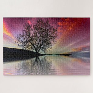 Sonnenuntergangssee-Landschaftsbaum-Puzzle Puzzle
