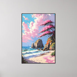 Sonnenuntergangsstrand mit Segelboot und blühendem Leinwanddruck