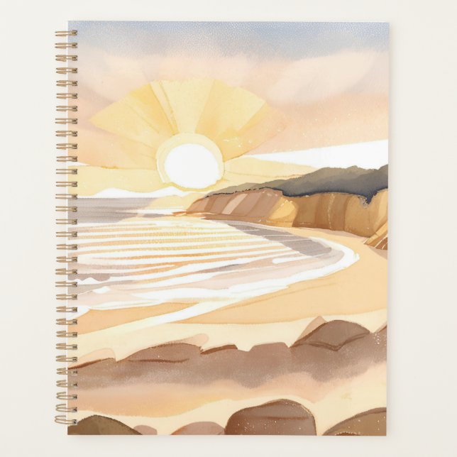 Sonnenuntergangsstrand | Ozean Wasserfarbe Küste Planer (Vorderseite)