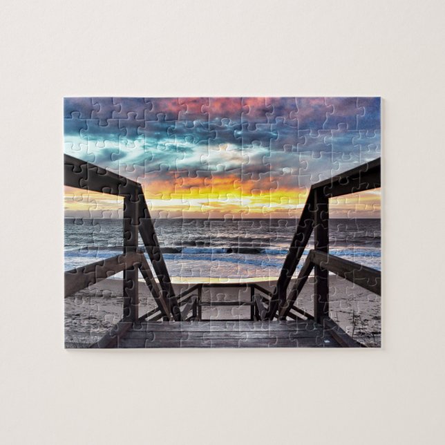 Sonnenuntergangsstrandansicht von rustikaler Holzt Puzzle (Horizontal)