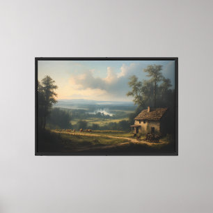 Sonnenuntergangstal mit steinernem Cottage Leinwanddruck