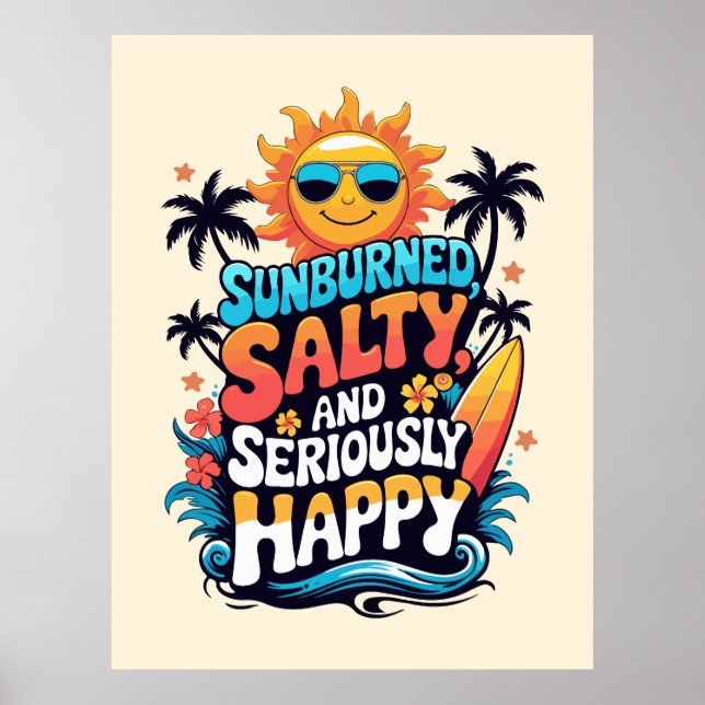 Sonnenverbrannt Salzig und Glücklich – Retro-Stran Poster (Vorne)