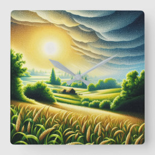 Sonnenverwöhnte goldene Landschaftskunstwand Quadratische Wanduhr