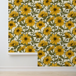 Sonnenwurzel, wilde Sonnenblumen auf weißem Grund Tapete
