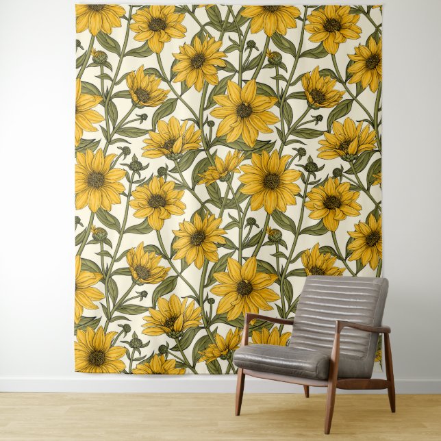 Sonnenwurzel, wilde Sonnenblumen auf weißem Grund Wandteppich (Beispiel)