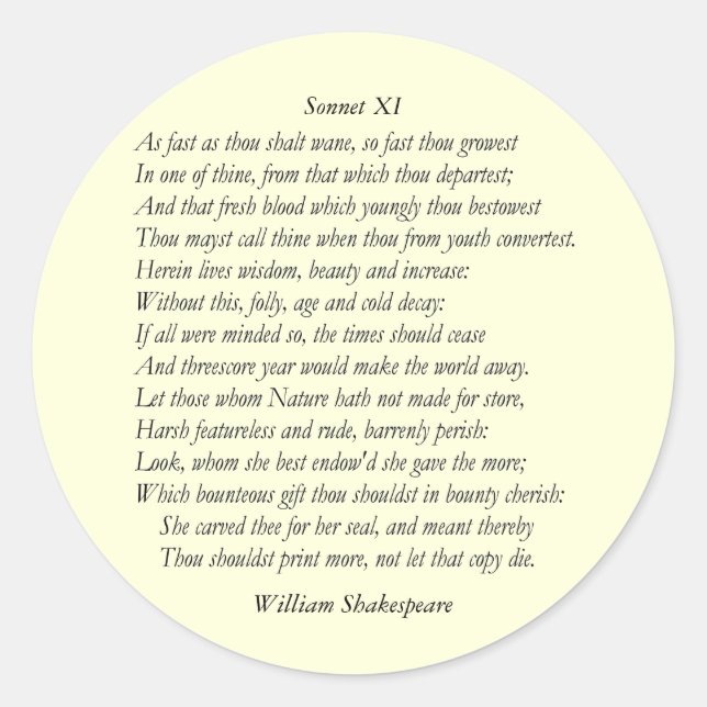 Sonnet # 11 von William Shakespeare Runder Aufkleber (Vorderseite)